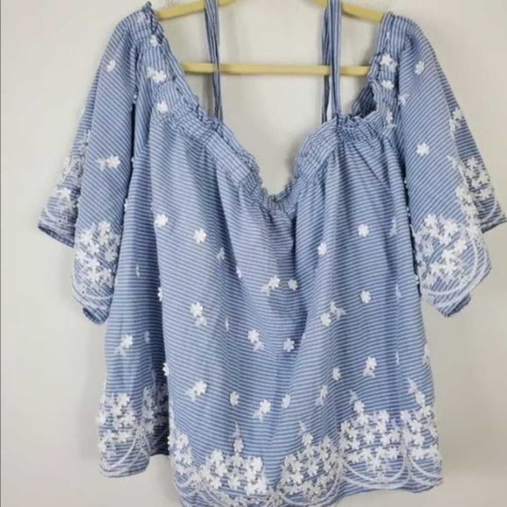 A New Day Off Shoulder Embroidered Top Womens Size 4X Blue & White Stripe Blouse
